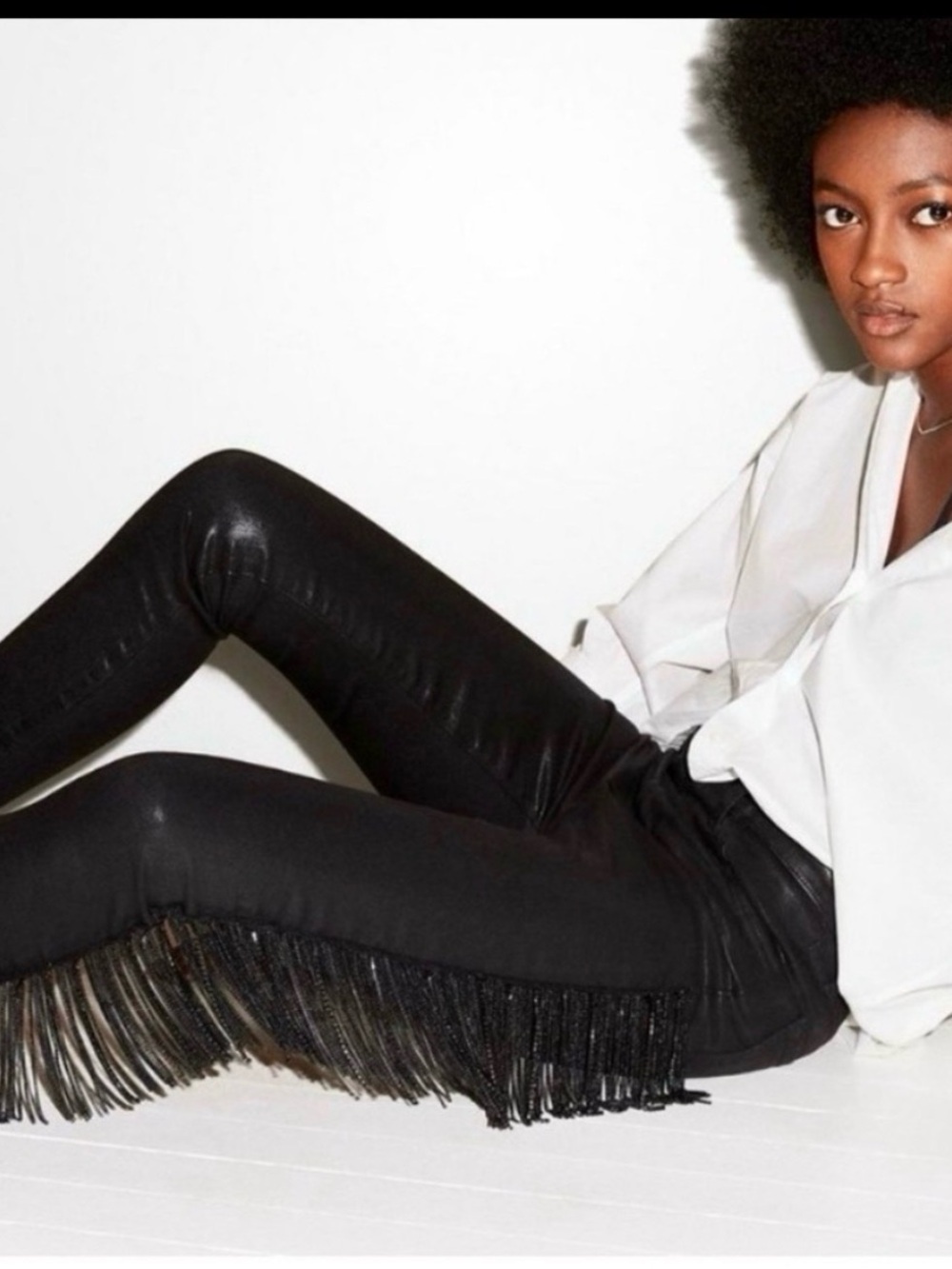 J Brand Black Faux-Leather Skinny Pants with Fringe Hem